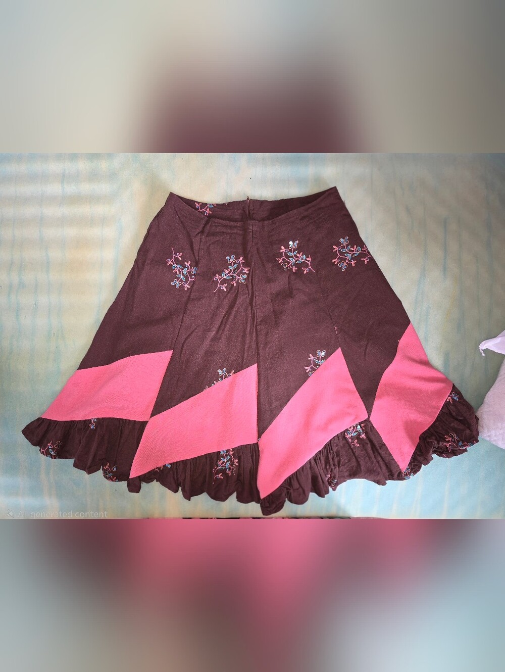Women's Brown and Pink Embroidered A-Line Skirt